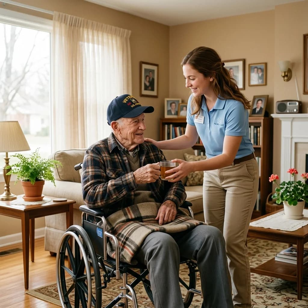 Caregiver providing compassionate companion care to a veteran at home