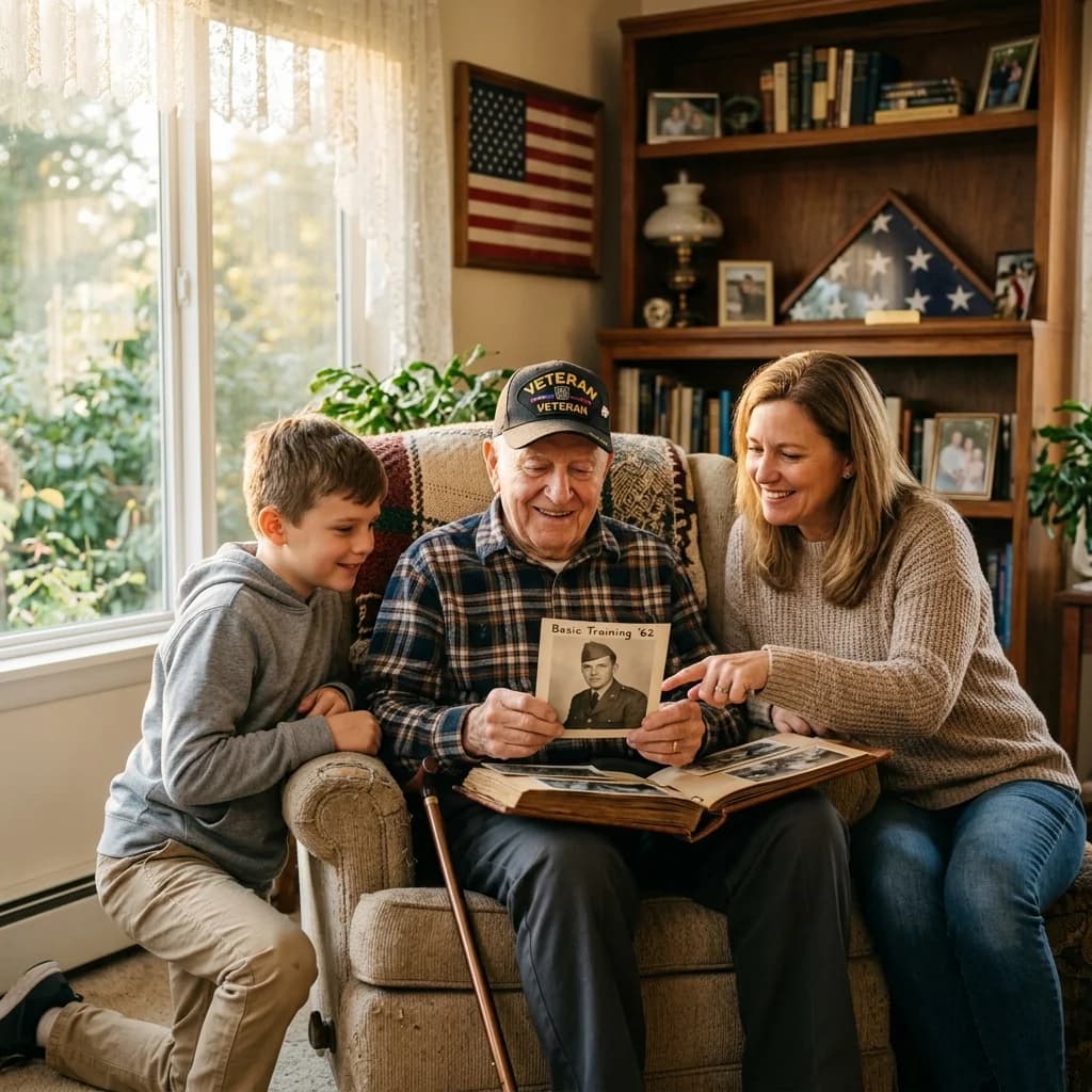 A veteran sharing old photographs and memories with family at home